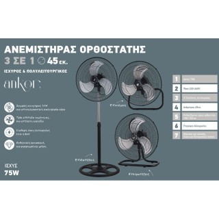 ΑΝΕΜΙΣΤΗΡΑΣ ΟΡΘΟΣΤΑΤΗΣ 3 ΣΕ 1 ΔΑΠΕΔΟΥ- ΕΠΙΤΡΑΠΕΖΙΟΣ-ΕΠΙΤΟΙΧΙΟΣ 75W ΜΑΥΡΟΣ ANKOR